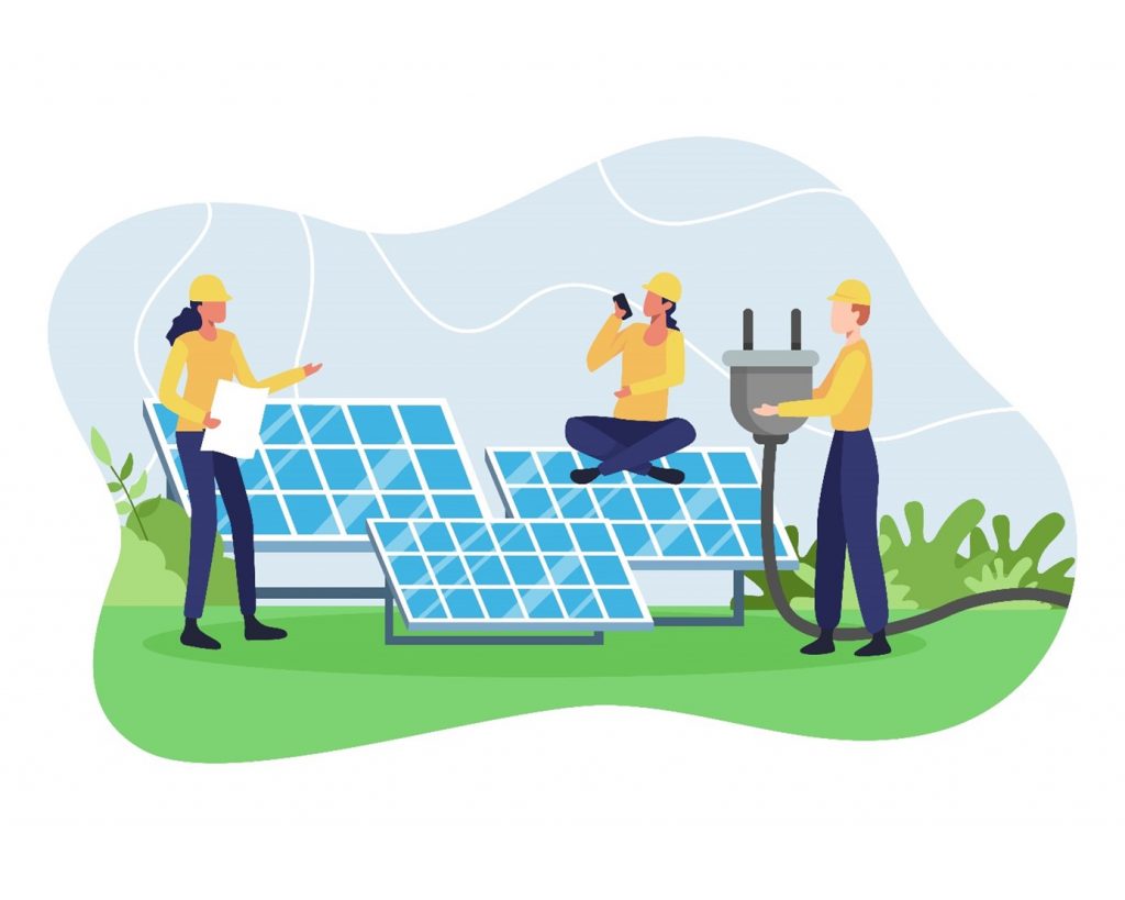 pracovníci kontrolující bezpečnost solárních panelů